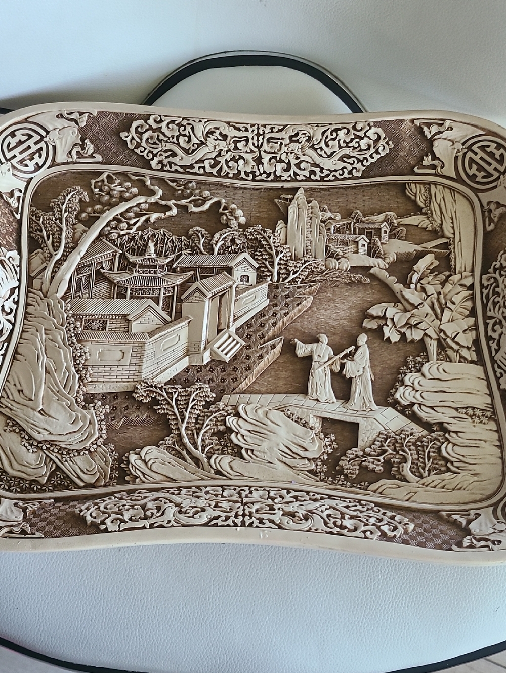 Ornate Brown and Cream Asian Relief Platter Sculpture- Vintage